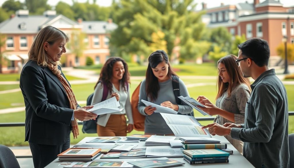 A college advisor in a professional outfit stands at a table covered with brochures and college guides, thoughtfully reviewing documents. In the middle ground, a diverse group of students, dressed in modest casual clothing, discuss various college options animatedly, with one student pointing at a brochure. The background features a serene college campus scene, with green lawns and academic buildings, under soft, natural lighting that creates a warm and inviting atmosphere. The overall mood conveys excitement and contemplation, capturing the essence of making an important decision. The image should be framed with a slightly elevated angle, emphasizing both the advisor and the engaged students, while showcasing the vibrant college environment.