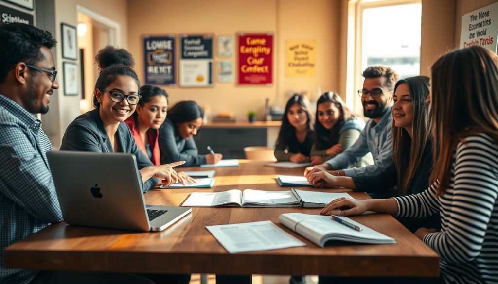 A diverse group of students, including both genders and various ethnicities, are seated informally around a large wooden table, intensely discussing scholarship options. In the foreground, a young woman in professional attire, wearing glasses, points at a laptop screen displaying a colorful scholarship website. The middle ground features open notebooks and a few scholarship brochures scattered on the table. In the background, a bright window lets in warm, natural light, casting soft shadows and creating an inviting atmosphere. The walls are adorned with educational posters and inspirational quotes. The overall mood is collaborative and optimistic, emphasizing the theme of opportunity and academic ambition. The image is captured with a shallow depth of field, focusing on the students while gently blurring the background.