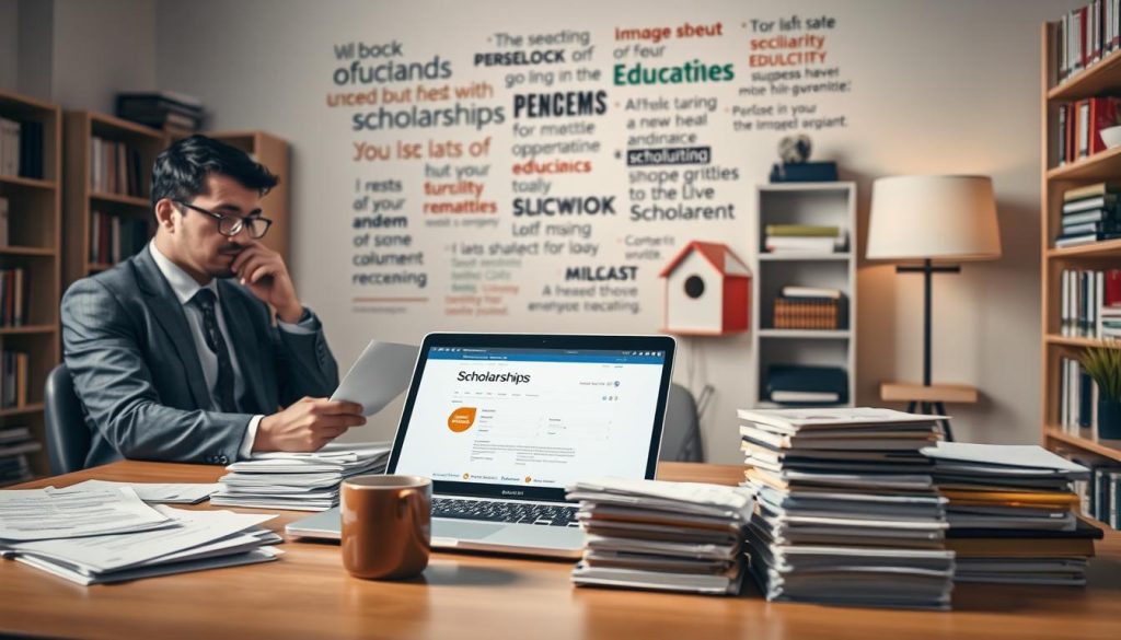 A focused workspace depicting the scholarship application process. In the foreground, an organized desk filled with neatly stacked papers, a laptop open displaying a scholarship website, and a cup of coffee. To the left, a professional-looking person in business attire is thoughtfully reviewing documents, their expression one of concentration and determination. In the middle, soft lighting highlights a wall covered with motivational quotes about education and success. In the background, a bookshelf filled with academic books and resources adds depth. The atmosphere is inspiring and studious, evoking a sense of purpose and ambition, suggesting the journey towards unlocking scholarship opportunities in higher education. The scene captures both the challenge and the hopefulness of the application process.