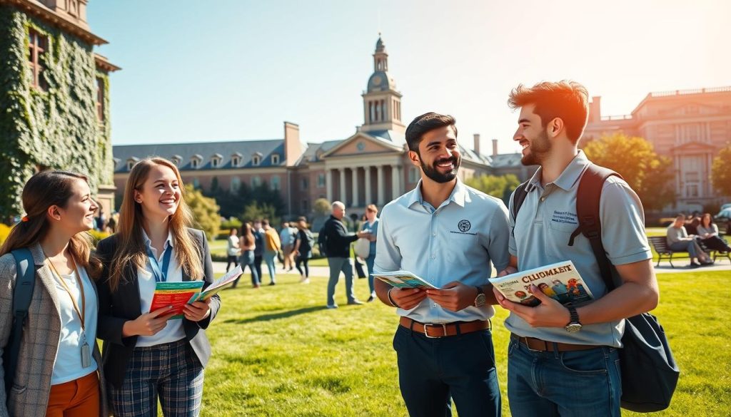 A vibrant college campus scene showcasing a diverse group of prospective students on a guided tour. In the foreground, two students, a young woman in a smart casual outfit and a young man in professional attire, are discussing enthusiastically, holding campus brochures. The middle ground features a tour guide, dressed in a university-branded polo, addressing a small group of prospective students near a historic building adorned with ivy. In the background, lush green lawns stretch out with students studying on benches, and iconic campus architecture under a clear blue sky. The lighting is warm and inviting, capturing a sunny day, with soft shadows adding depth. The atmosphere is energetic and hopeful, epitomizing the excitement of exploring educational opportunities.