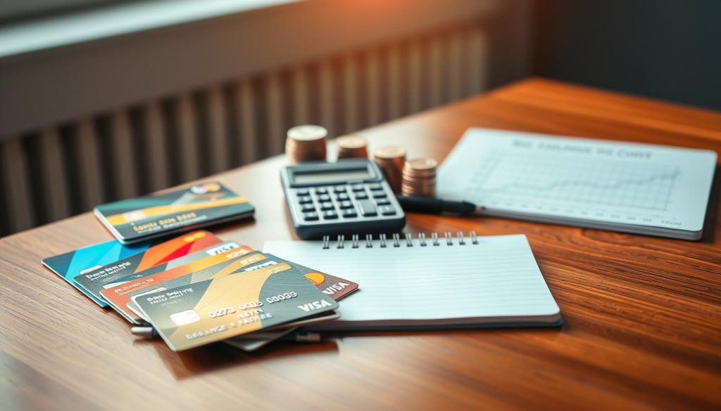 A visually engaging comparison of balance transfer credit cards laid out on a sleek wooden desk. In the foreground, several colorful credit cards showcasing various designs, with emphasis on their low-interest rates and promotional offers. The middle layer features a modern calculator and a notepad filled with notes about debt consolidation, symbolizing careful financial planning. The background displays soft-focus stacks of coins and a subtle graph illustrating a downward debt trend, indicating financial relief. Natural light streams in from a window, casting a warm glow over the scene, evoking a feeling of optimism and clarity. Capture this image with a shallow depth of field to emphasize the cards and tools in focus while maintaining a professional ambiance.