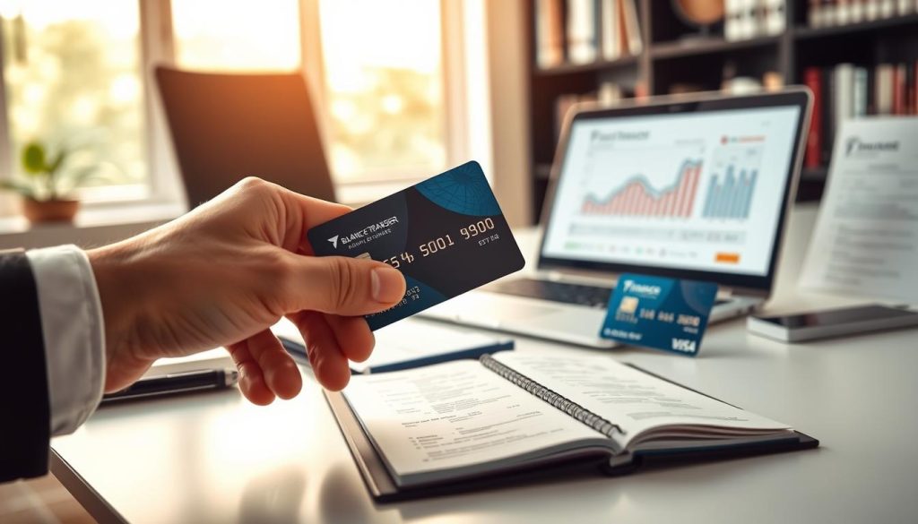 A visually striking composition featuring an assortment of balance transfer credit cards arranged elegantly on a sleek, modern desk. In the foreground, a hand reaching toward one of the cards, showcasing a well-manicured, professional appearance. The middle of the scene includes a laptop displaying financial graphs and a notepad with a detailed list of expenses. Soft, warm lighting illuminates the scene, creating a focused atmosphere that suggests productivity and financial planning. The background features a blurry bookshelf filled with finance books, subtly reinforcing the theme of financial savvy. A sense of calm determination pervades the image, inviting the viewer to consider the benefits of consolidating debt through balance transfer credit cards.